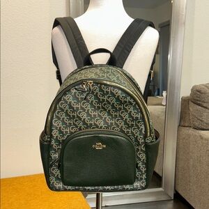 Coach Green Monogram Backpack with Gold Accents